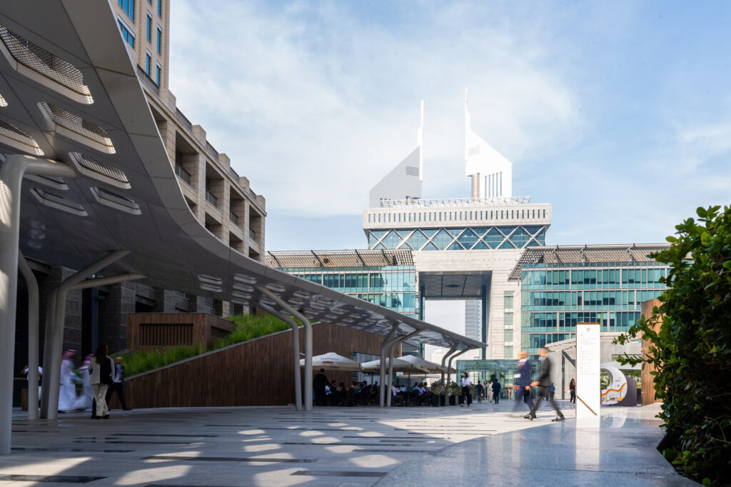 Dubai campus landscape fluttering with activity. 